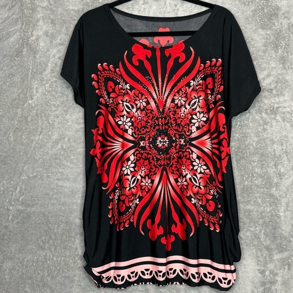 Amazon XL Shirt‎ Top Black Red Paisley Short Sleeve Scoop Neck Silk Embellished - Picture 1 of 7